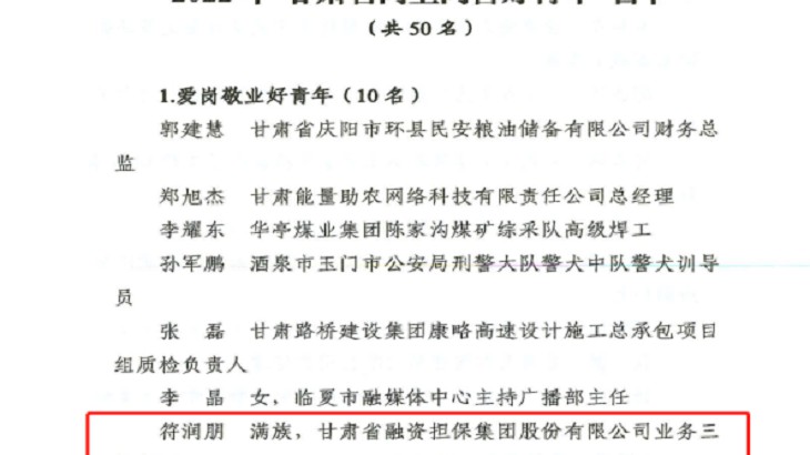 担保集团符润朋同志荣获“甘肃省向善向好青年”荣誉称号