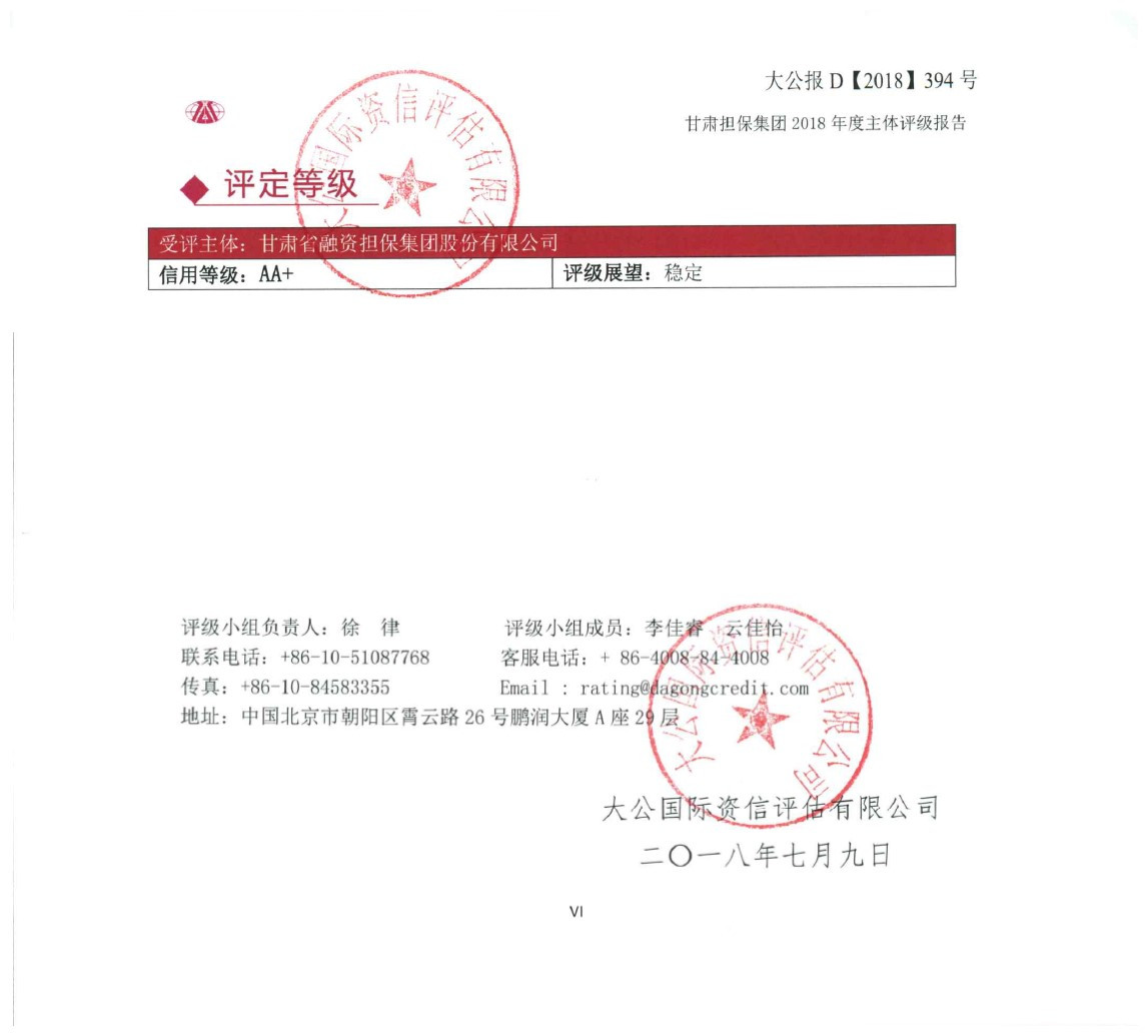 担保集团喜获大公国际AA+主体信用评级
